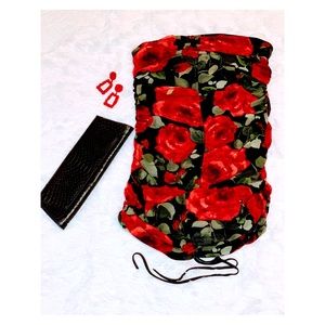 Strapless ruched rose print dress